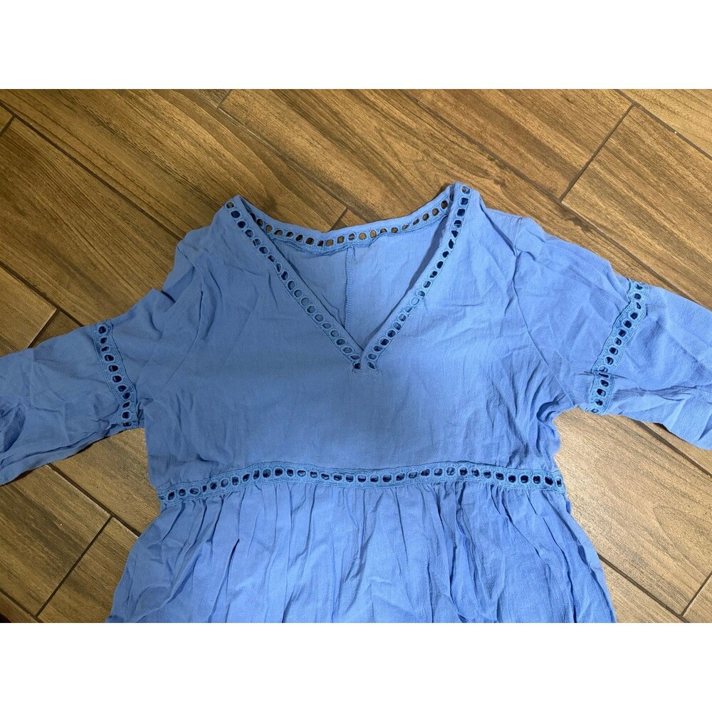 Women's V-Neck Eyelet Embroidery Casual Midi Dress Blue